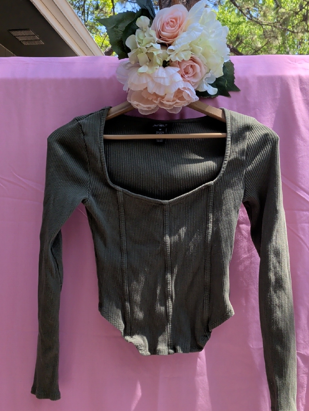 Just Polly Ribbed Long-Sleeve Scoop Neck Top in Olive Green